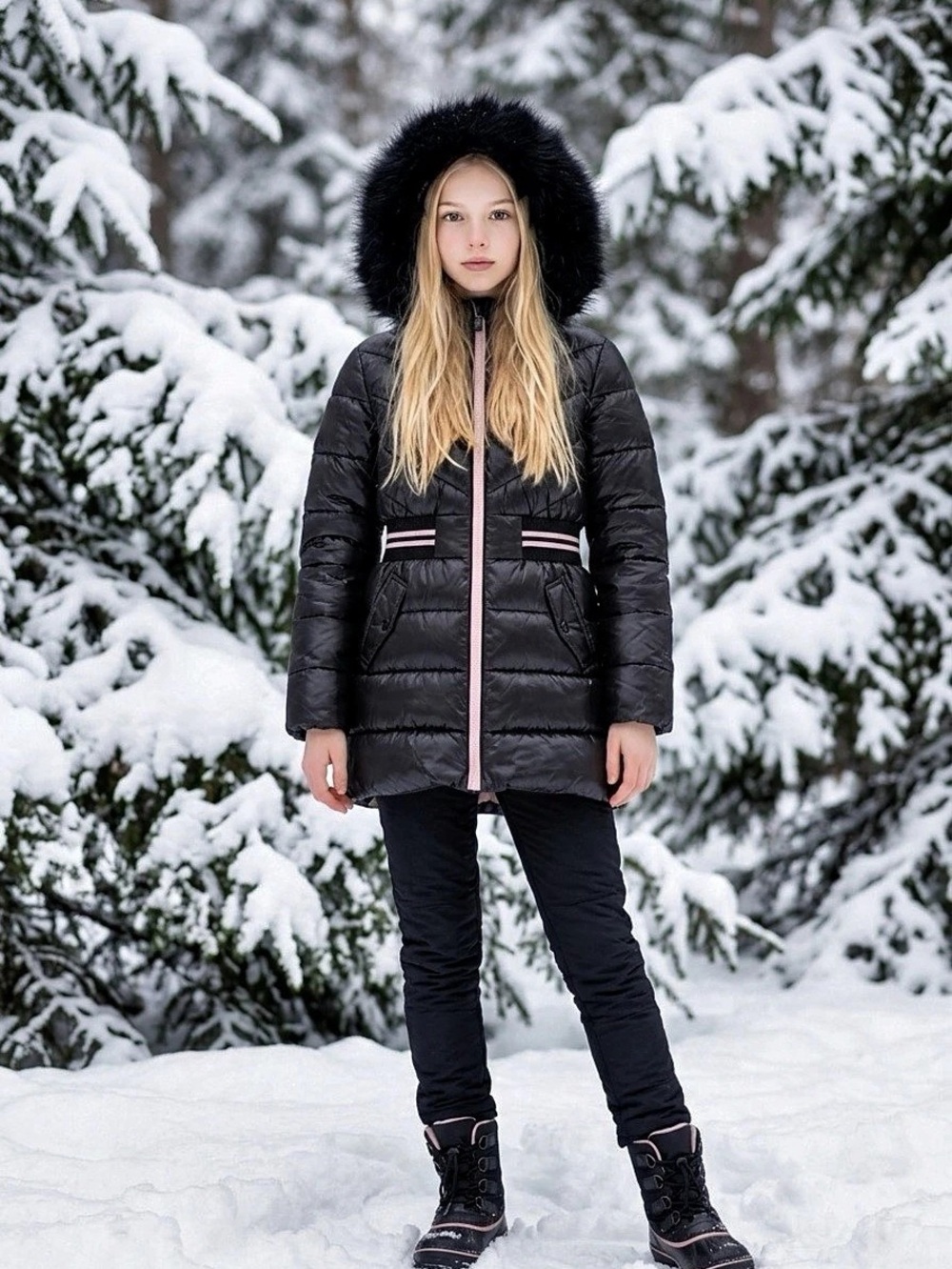 Michael Kors Girls 6x Black Puffer Coat Hooded Faux Fur Trim Zip Mid-Length46